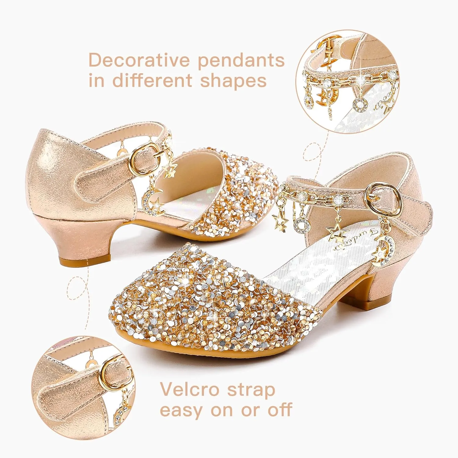 Furdeour Girls Dress Shoes Princess Crystal High Heels Closed Toe Party Wedding Flower Girls Shoes Toddler Little Big Kid