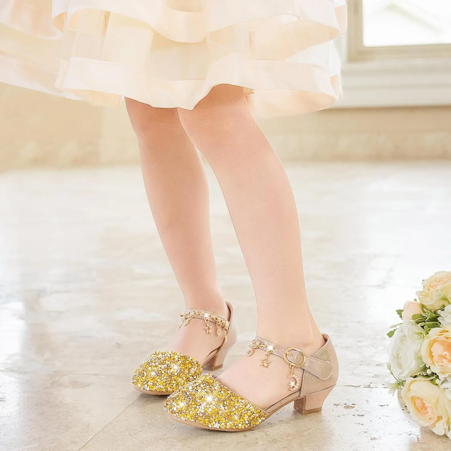 Furdeour Girls Dress Shoes Princess Crystal High Heels Closed Toe Party Wedding Flower Girls Shoes Toddler Little Big Kid