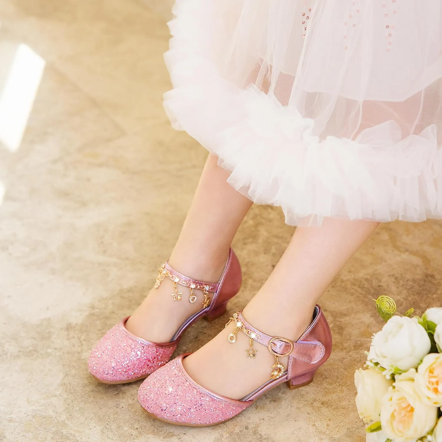 Furdeour Girls Dress Shoes Princess Crystal High Heels Closed Toe Party Wedding Flower Girls Shoes Toddler Little Big Kid