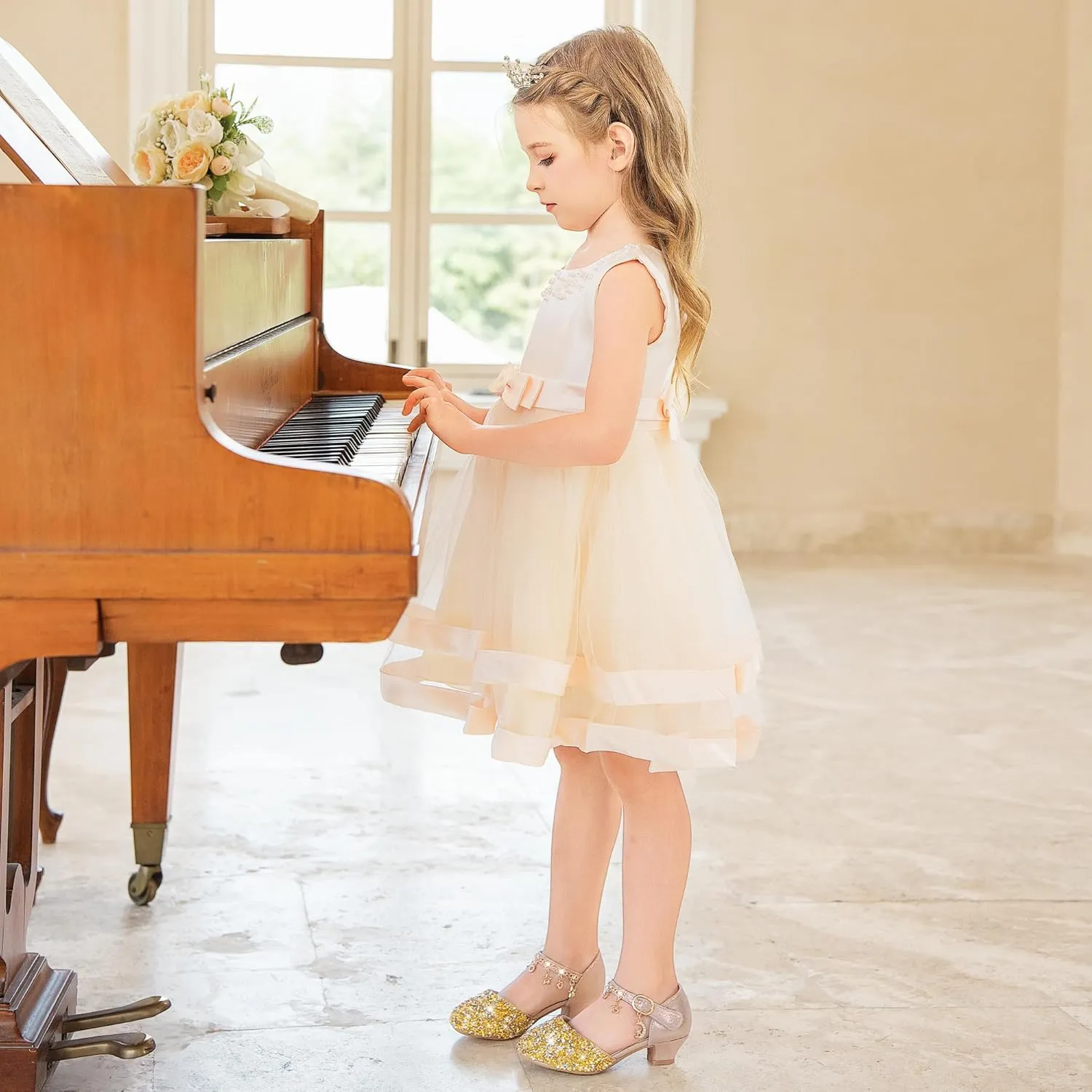 Furdeour Girls Dress Shoes Princess Crystal High Heels Closed Toe Party Wedding Flower Girls Shoes Toddler Little Big Kid