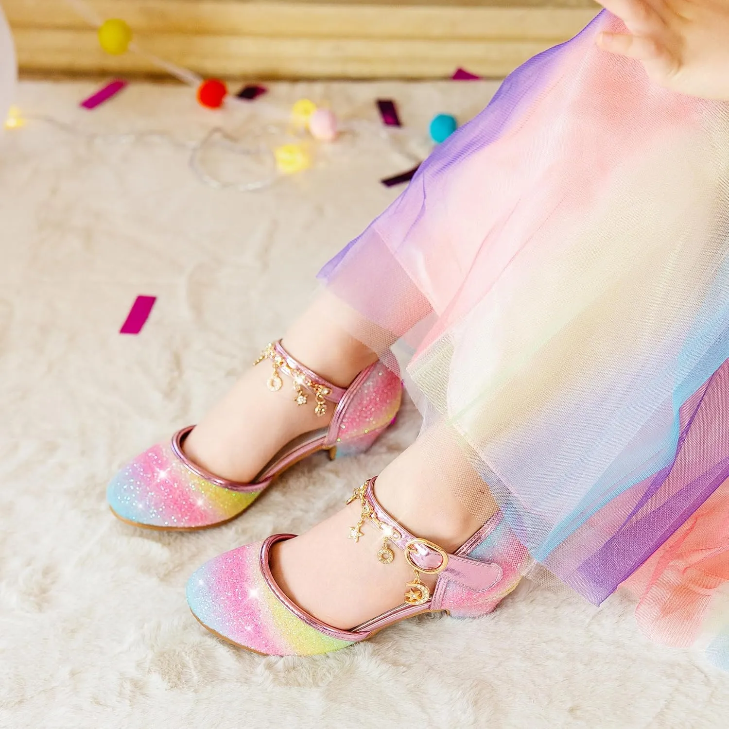 Furdeour Girls Dress Shoes Princess Crystal High Heels Closed Toe Party Wedding Flower Girls Shoes Toddler Little Big Kid