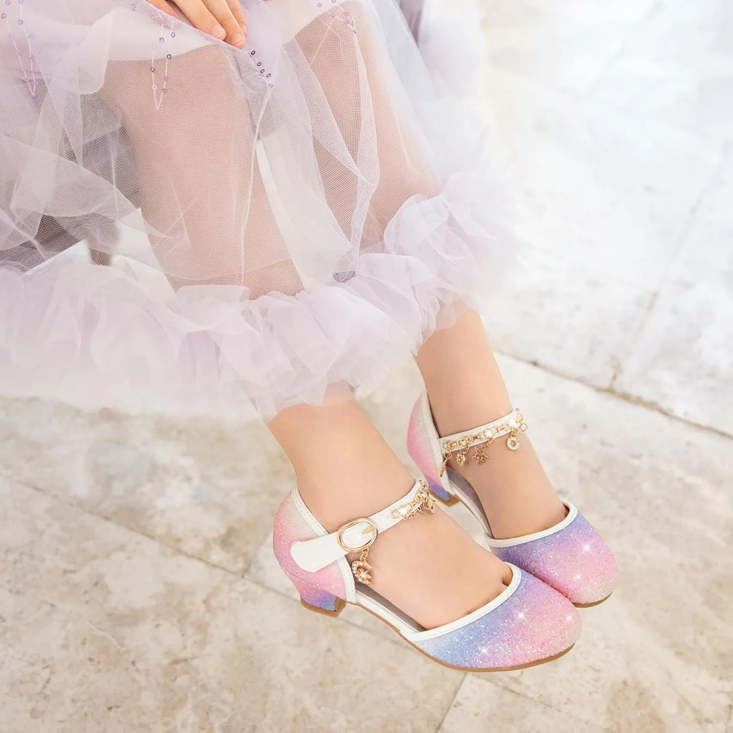 Furdeour Girls Dress Shoes Princess Crystal High Heels Closed Toe Party Wedding Flower Girls Shoes Toddler Little Big Kid