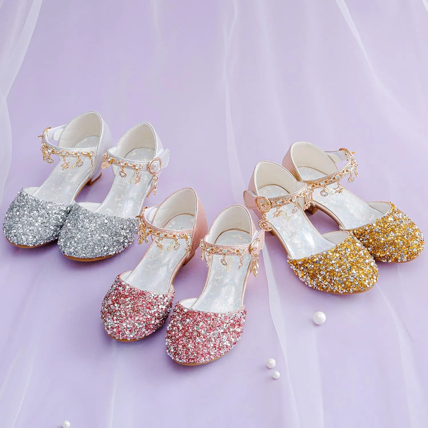Furdeour Girls Dress Shoes Princess Crystal High Heels Closed Toe Party Wedding Flower Girls Shoes Toddler Little Big Kid