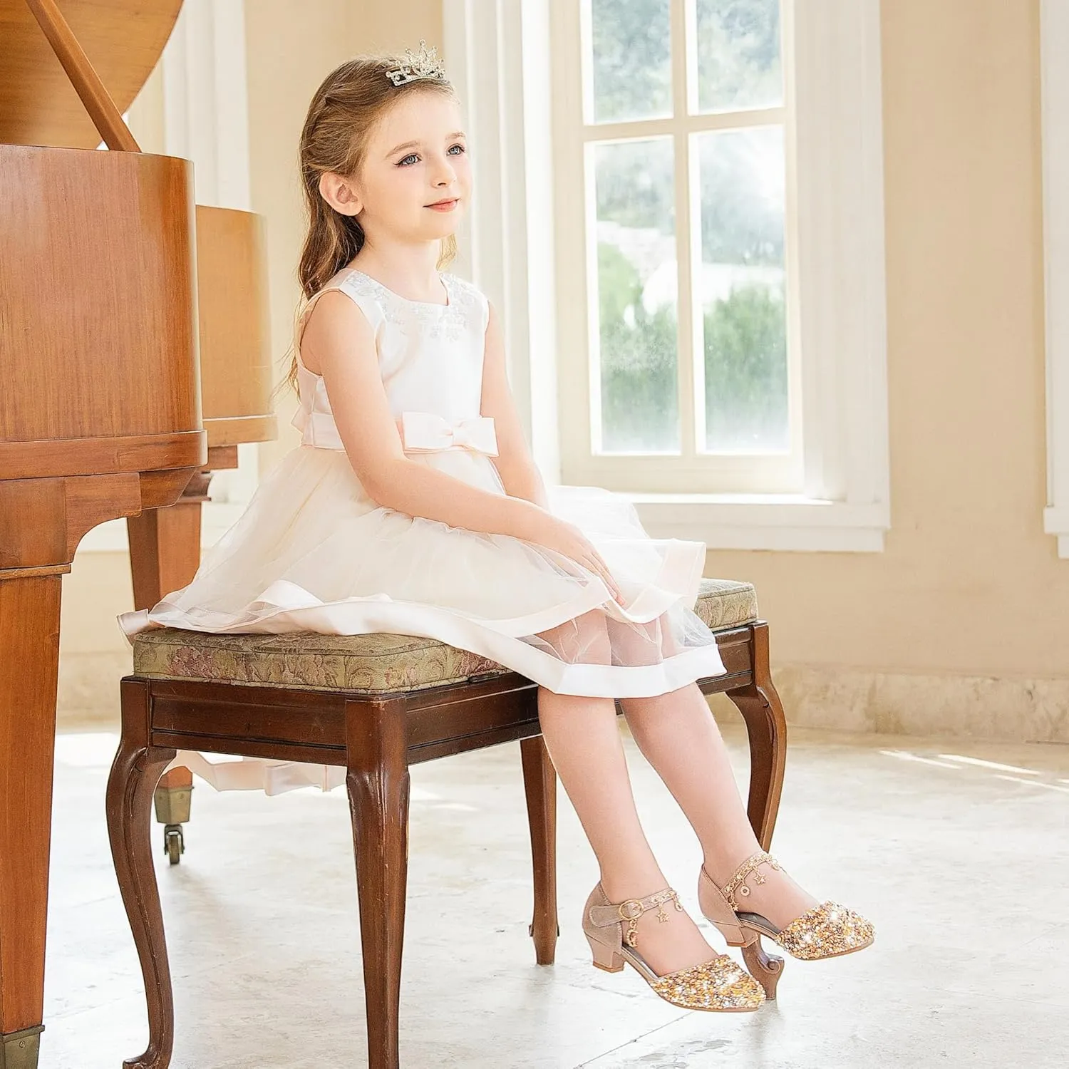 Furdeour Girls Dress Shoes Princess Crystal High Heels Closed Toe Party Wedding Flower Girls Shoes Toddler Little Big Kid