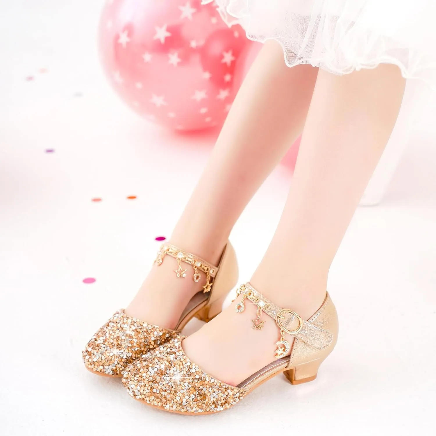Furdeour Girls Dress Shoes Princess Crystal High Heels Closed Toe Party Wedding Flower Girls Shoes Toddler Little Big Kid