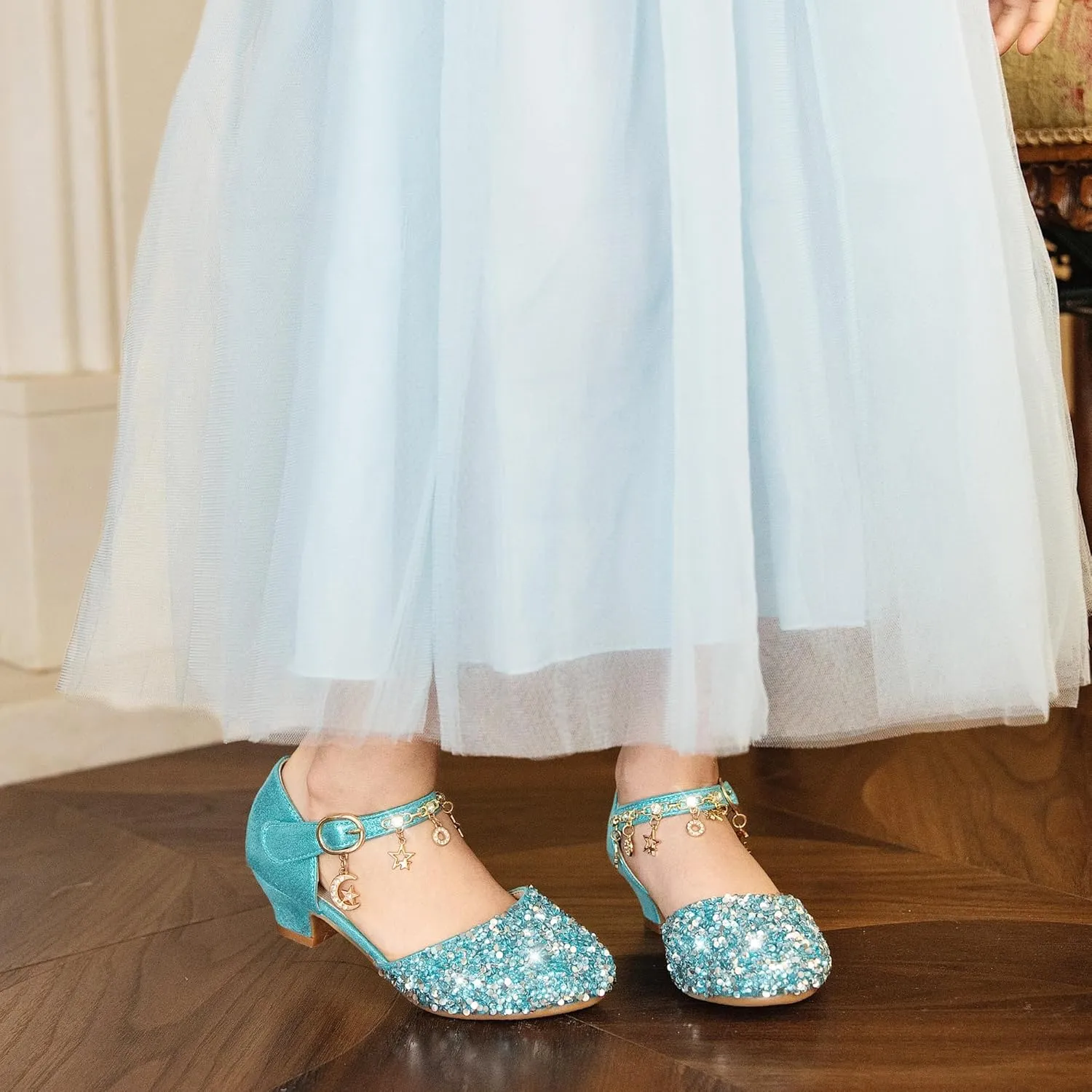 Furdeour Girls Dress Shoes Princess Crystal High Heels Closed Toe Party Wedding Flower Girls Shoes Toddler Little Big Kid