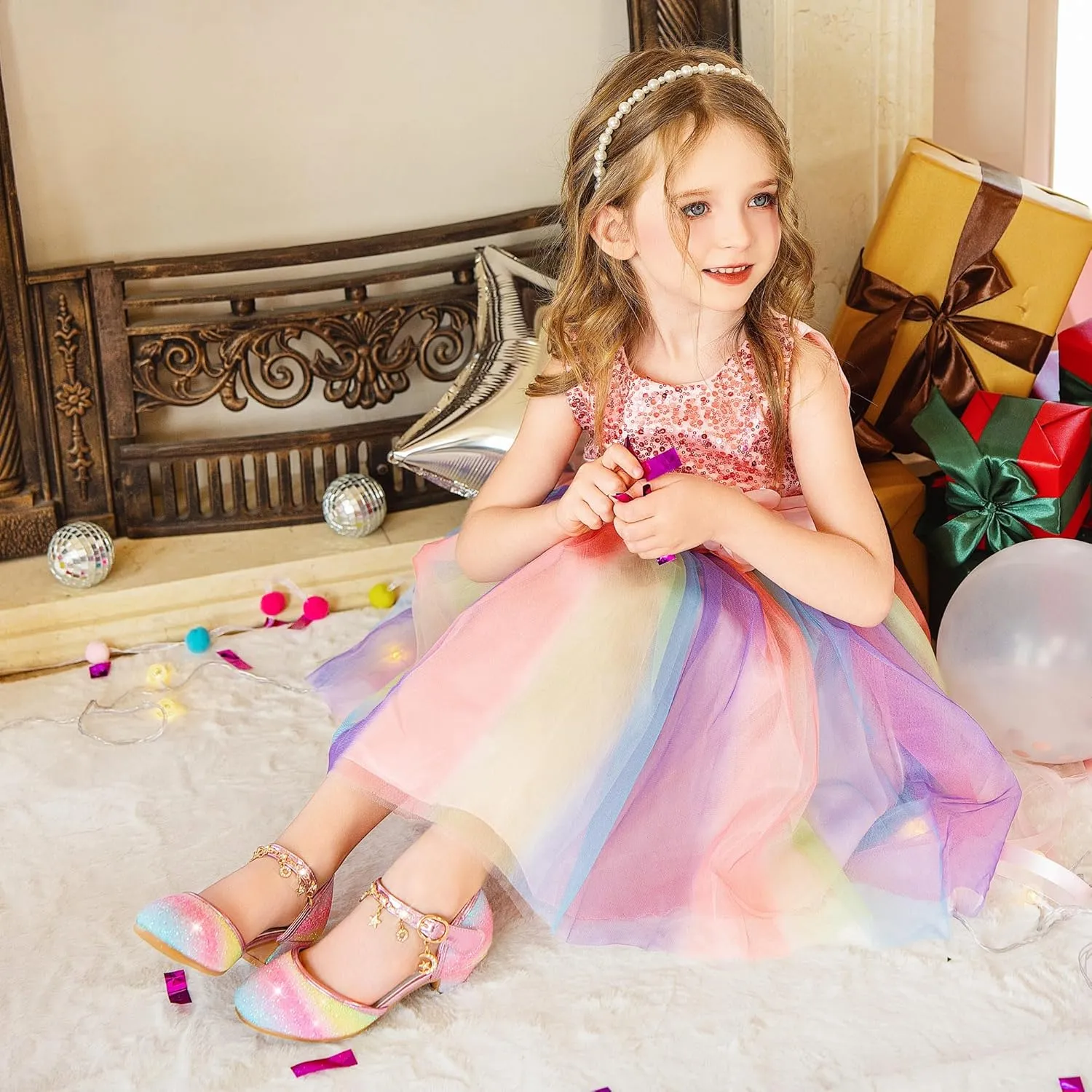 Furdeour Girls Dress Shoes Princess Crystal High Heels Closed Toe Party Wedding Flower Girls Shoes Toddler Little Big Kid