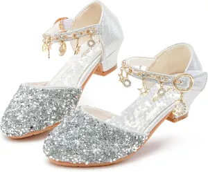 Furdeour Girls Dress Shoes Princess Crystal High Heels Closed Toe Party Wedding Flower Girls Shoes Toddler Little Big Kid