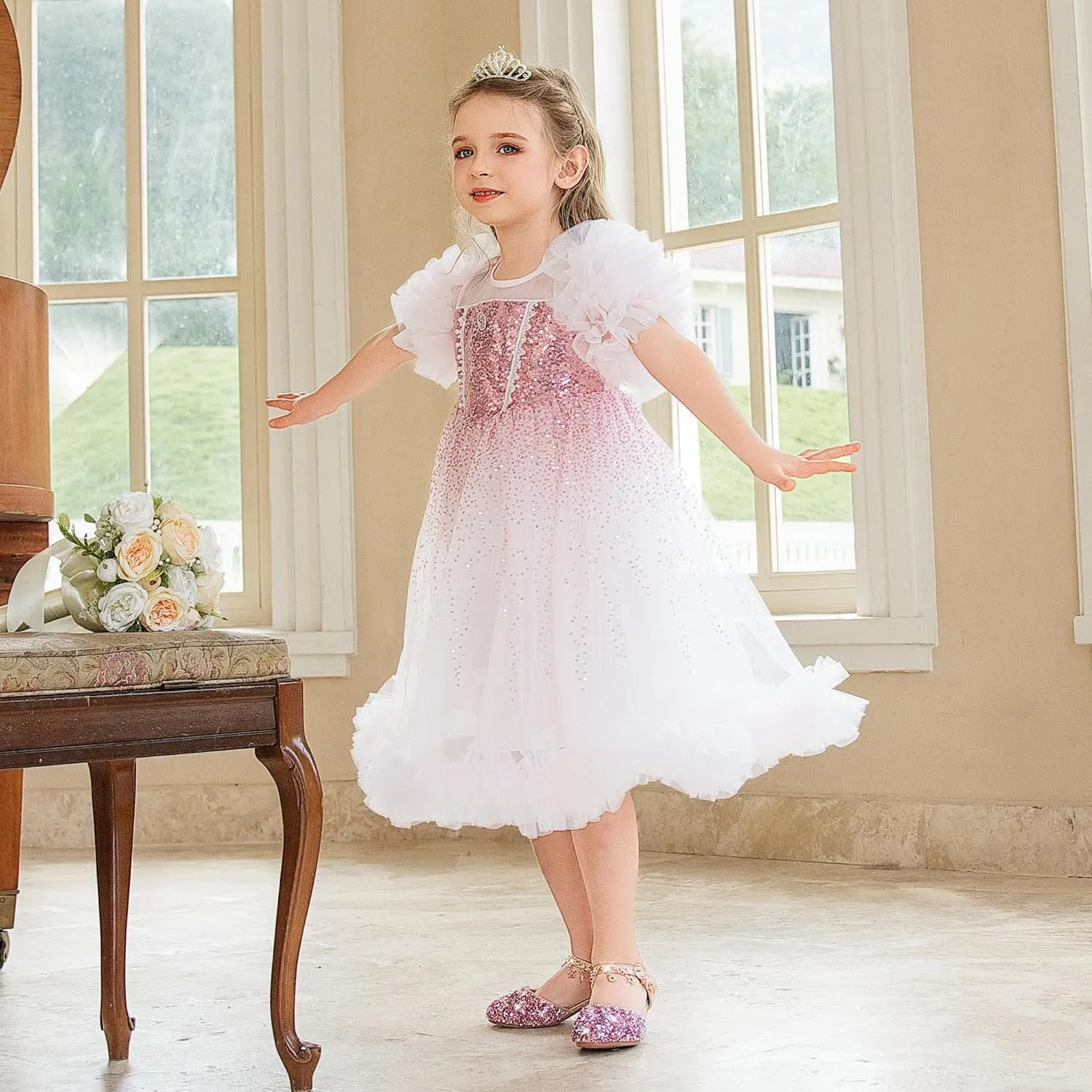 Furdeour Girls Dress Shoes Princess Crystal High Heels Closed Toe Party Wedding Flower Girls Shoes Toddler Little Big Kid