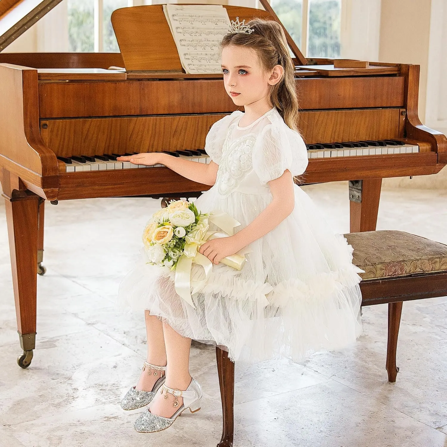 Furdeour Girls Dress Shoes Princess Crystal High Heels Closed Toe Party Wedding Flower Girls Shoes Toddler Little Big Kid