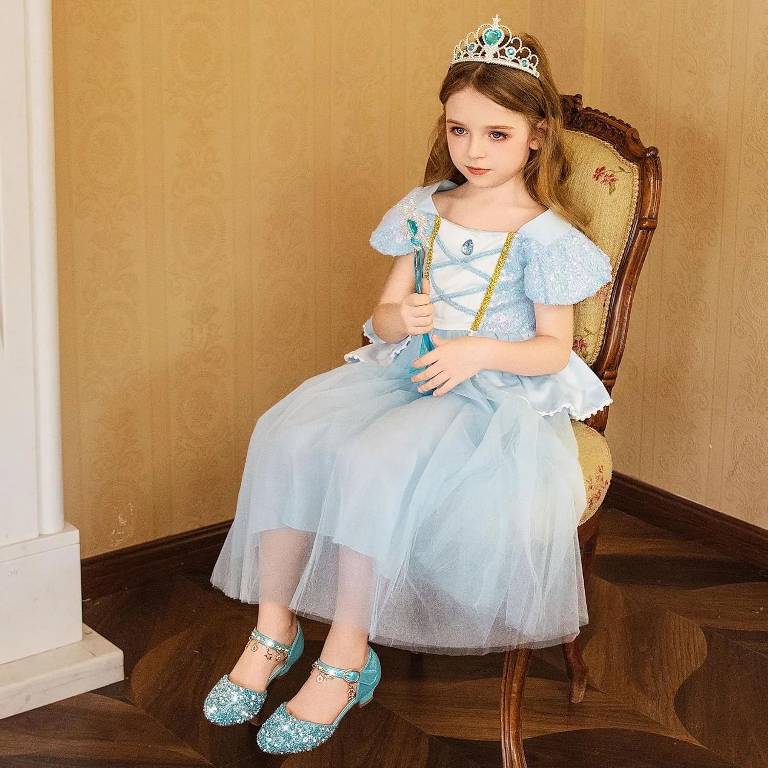 Furdeour Girls Dress Shoes Princess Crystal High Heels Closed Toe Party Wedding Flower Girls Shoes Toddler Little Big Kid