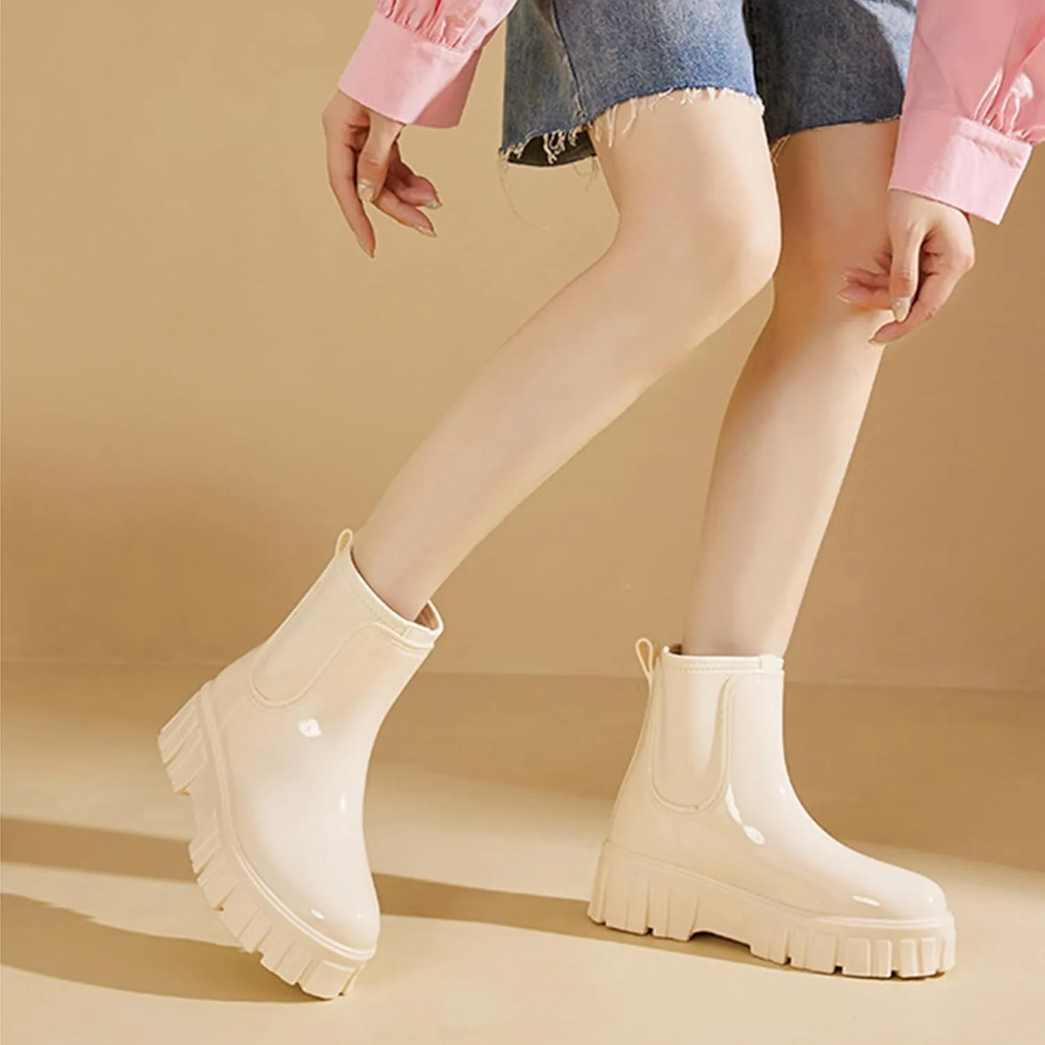 Gets Womens Rain Boots, Waterproof Platform Rubber Chelsea Rainboots, Comfortable Short Shoes Ankle Garden Boots for Outdoor Work