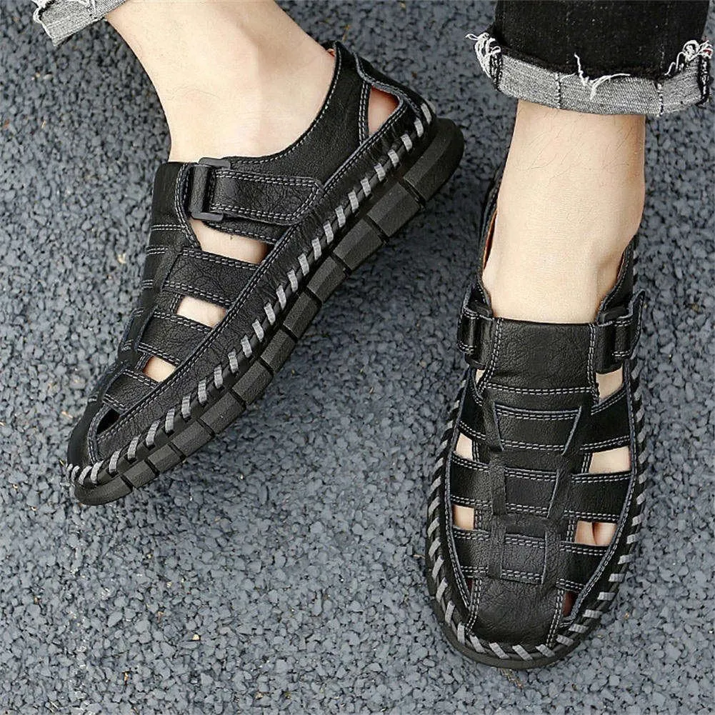 GEXECEUSS Sandals for Men Closed Toe Leather Sport Sandals Fisherman Sandals Outdoor Casual Walking Sandals Summer Water Shoes Beach Wading Shoes