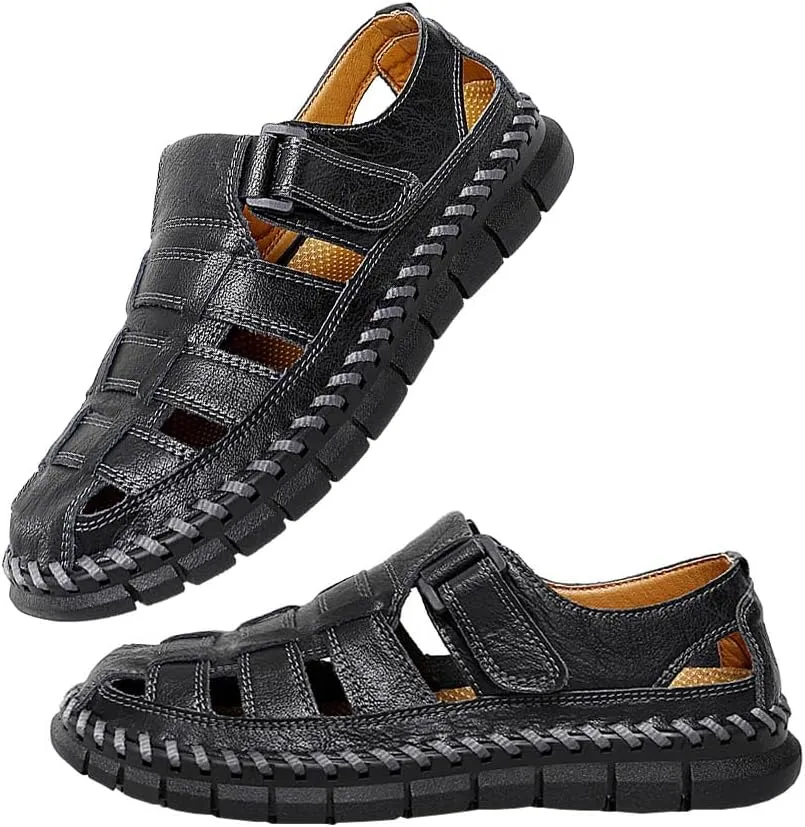 GEXECEUSS Sandals for Men Closed Toe Leather Sport Sandals Fisherman Sandals Outdoor Casual Walking Sandals Summer Water Shoes Beach Wading Shoes