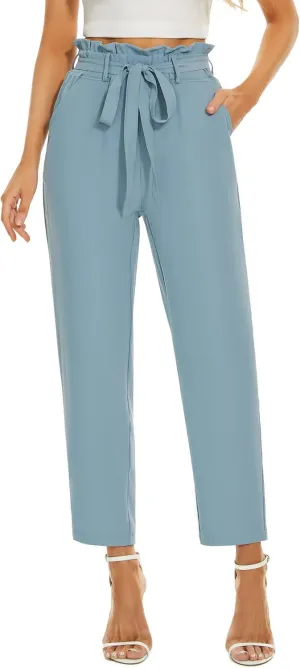 Ginasy Womens Paperbag Pants High Waisted Business Casual Pants Work Office Elastic Slacks Straight Leg Trousers Pockets