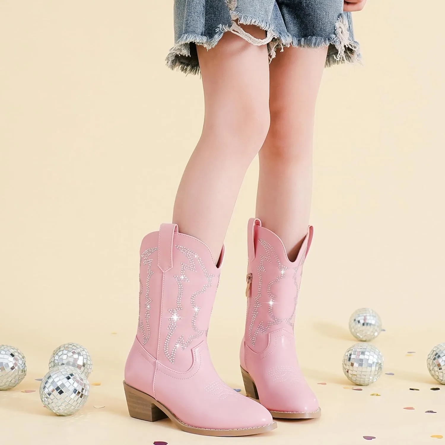 Girls Cowboy Boots Pull On Cowgirl Boots Pointed Toe Mid Calf Western Boots for Little Kid Big Kid