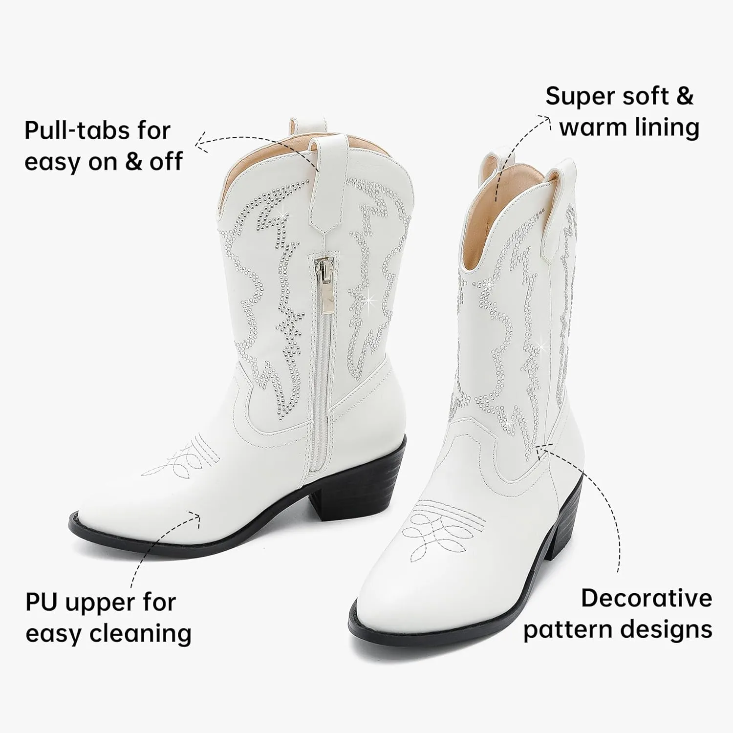 Girls Cowboy Boots Pull On Cowgirl Boots Pointed Toe Mid Calf Western Boots for Little Kid Big Kid