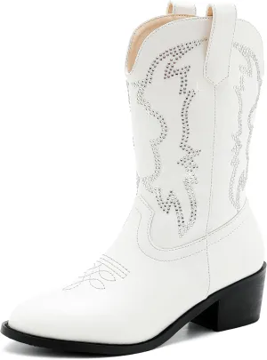 Girls Cowboy Boots Pull On Cowgirl Boots Pointed Toe Mid Calf Western Boots for Little Kid Big Kid