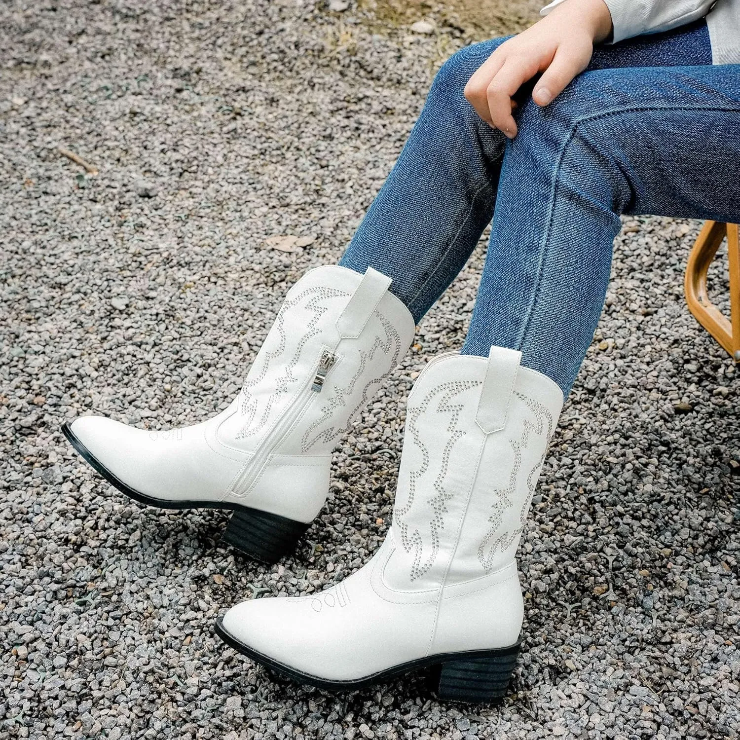 Girls Cowboy Boots Pull On Cowgirl Boots Pointed Toe Mid Calf Western Boots for Little Kid Big Kid