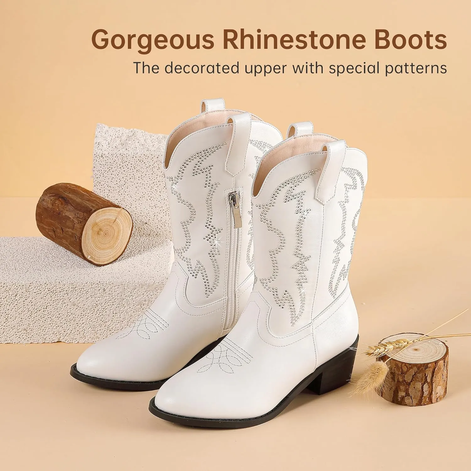Girls Cowboy Boots Pull On Cowgirl Boots Pointed Toe Mid Calf Western Boots for Little Kid Big Kid