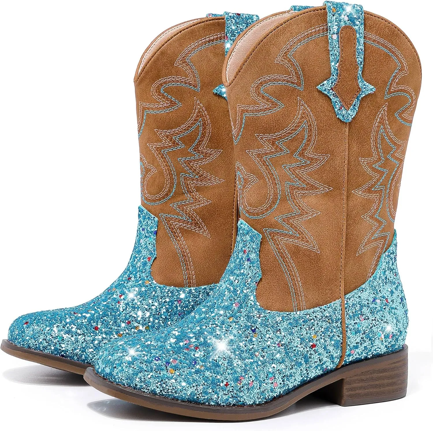 Girls Cowgirl Boots Mid Calf Square Toe Western Boot for Kids Glitter Cowboy Boot in Party for Toddler Little Big Girls Riding Shoes