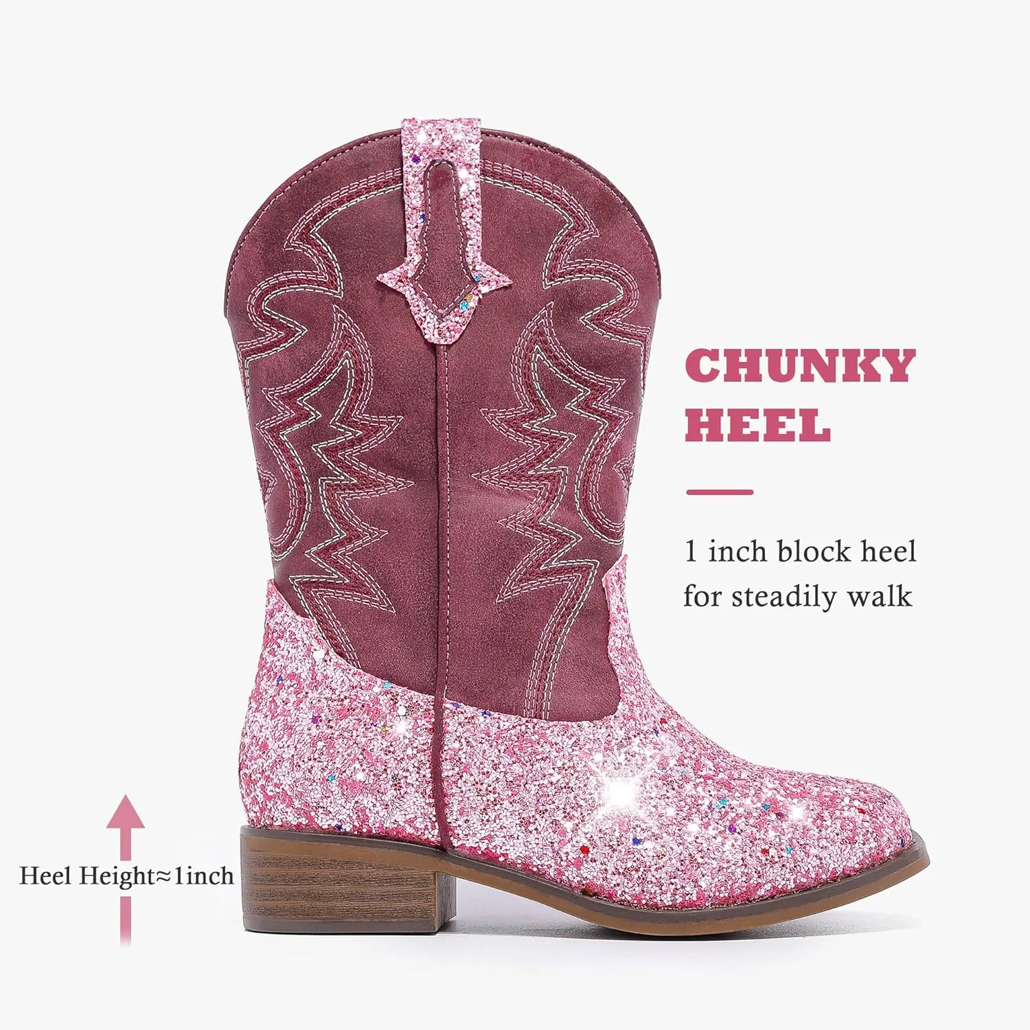 Girls Cowgirl Boots Mid Calf Square Toe Western Boot for Kids Glitter Cowboy Boot in Party for Toddler Little Big Girls Riding Shoes