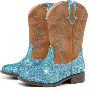 Girls Cowgirl Boots Mid Calf Square Toe Western Boot for Kids Glitter Cowboy Boot in Party for Toddler Little Big Girls Riding Shoes