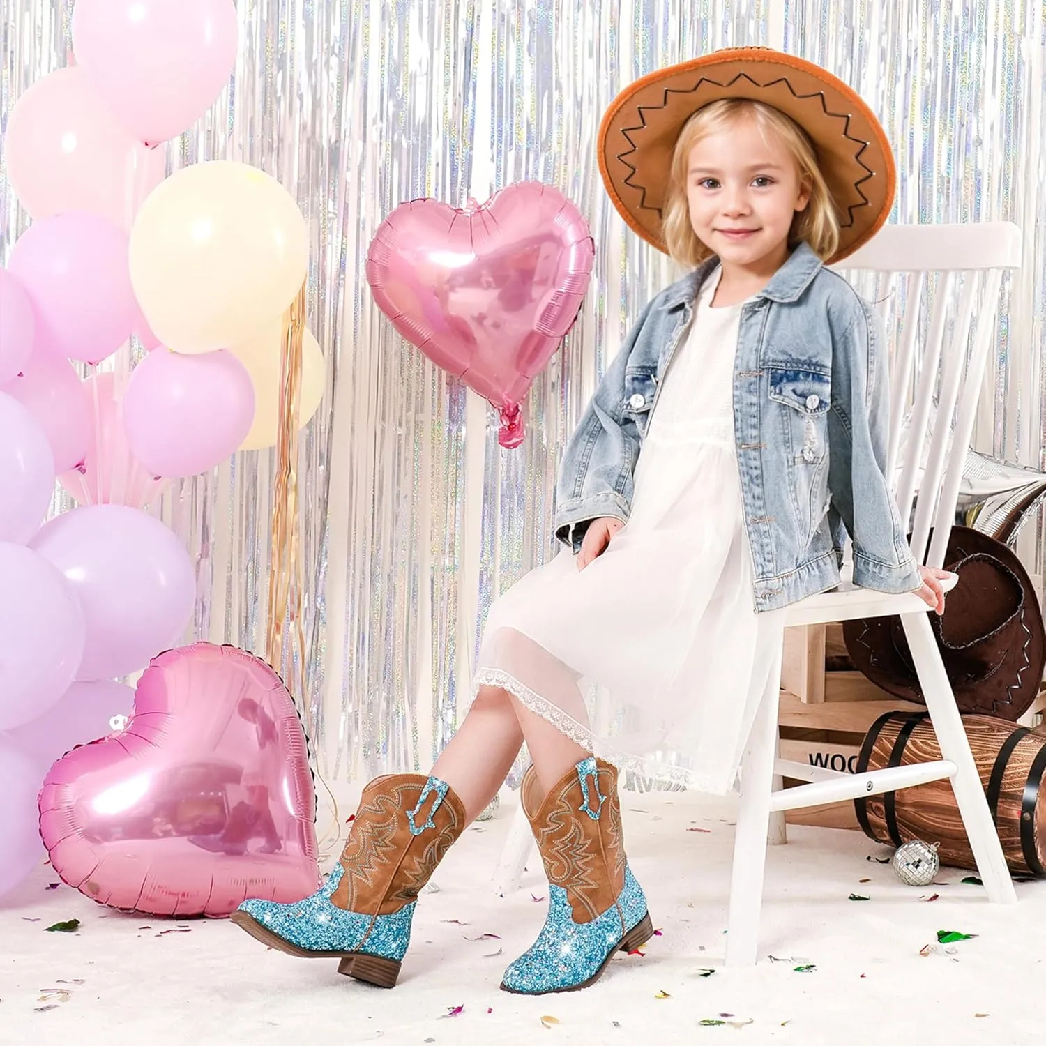 Girls Cowgirl Boots Mid Calf Square Toe Western Boot for Kids Glitter Cowboy Boot in Party for Toddler Little Big Girls Riding Shoes
