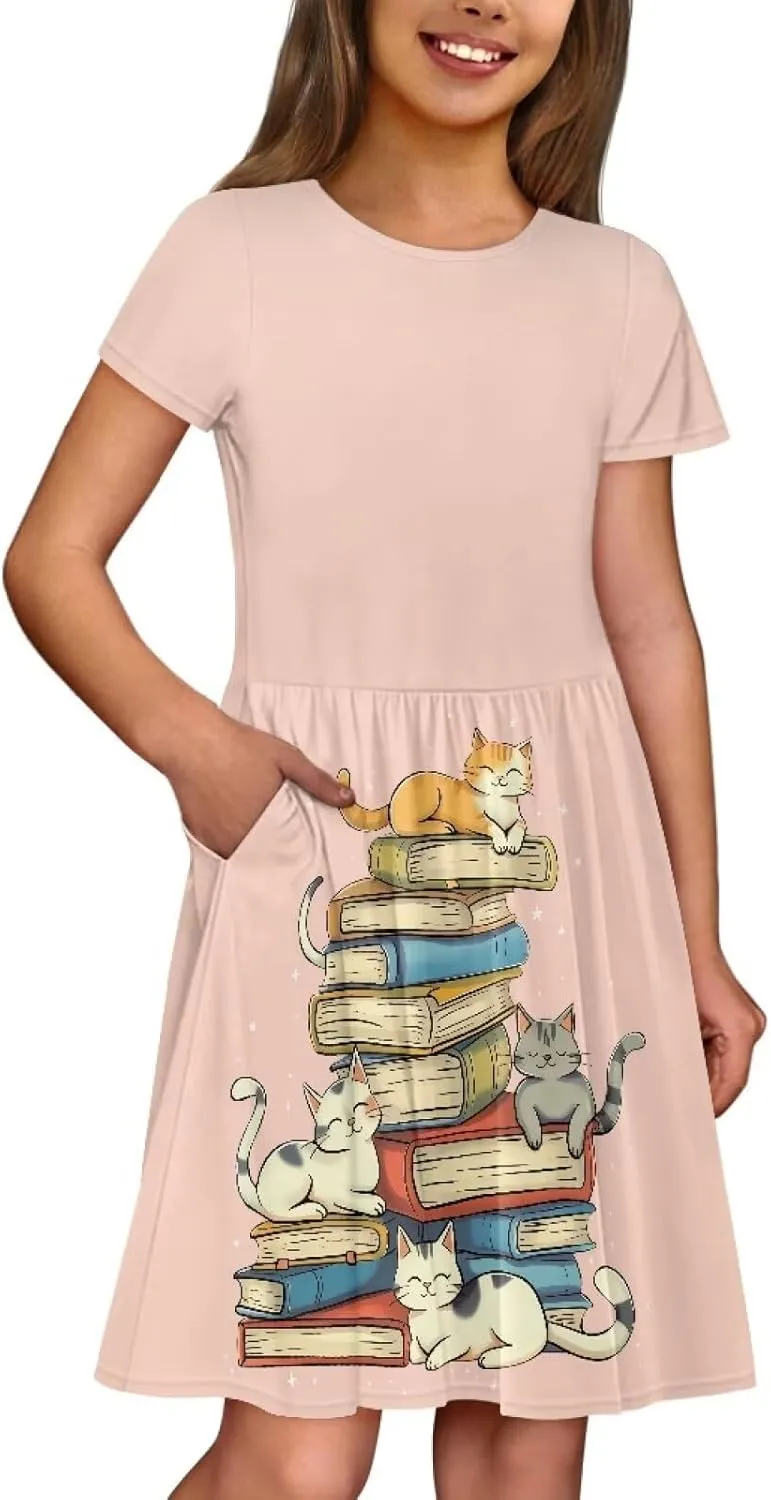 Girls Short Sleeve Dresses with Pockets Cute Dresses for Girls 3-16 Years Old
