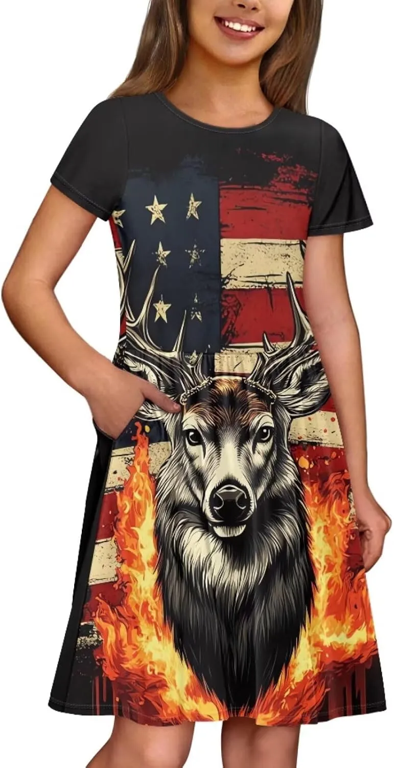Girls Short Sleeve Dresses with Pockets Cute Dresses for Girls 3-16 Years Old
