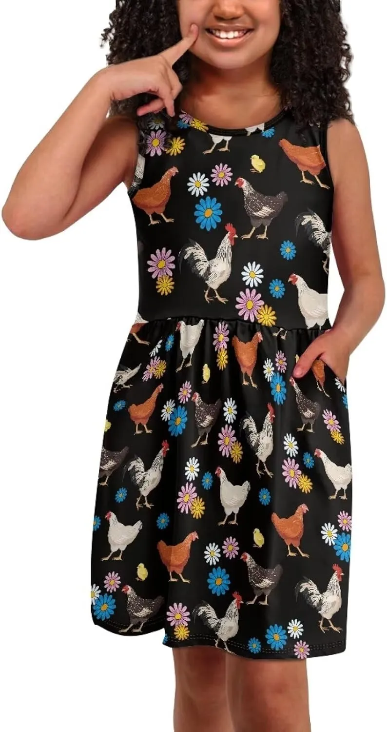 Girls Summer Dress with Pockets Casual Sleeveless Midi Dress for 4-14 Years