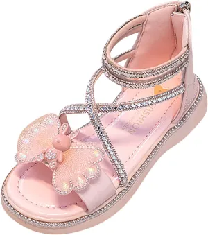 Girls Summer Princess Sandals Open Toe Rhinestone Butterfly Print Foot Back Zipper Off Roman Sandals Daily Casual Outdoor Girls Shoes