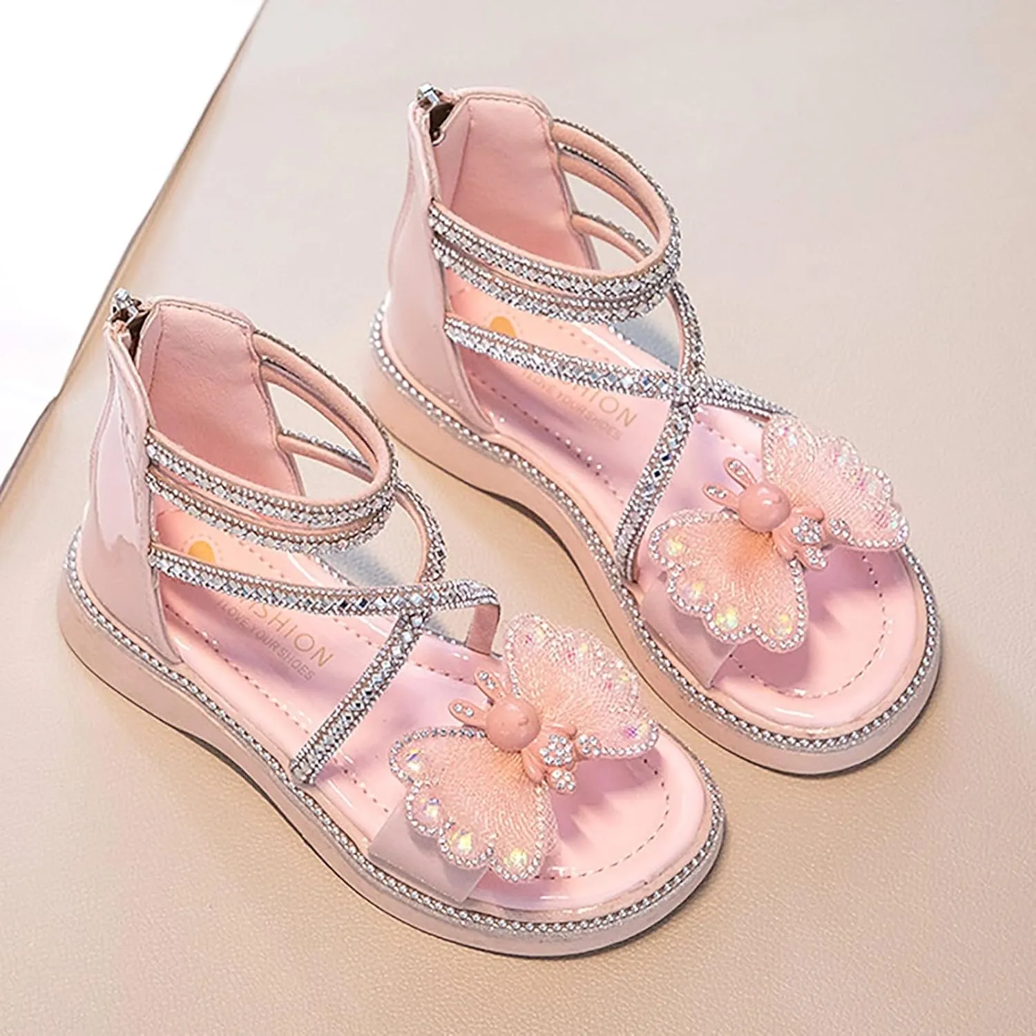 Girls Summer Princess Sandals Open Toe Rhinestone Butterfly Print Foot Back Zipper Off Roman Sandals Daily Casual Outdoor Girls Shoes