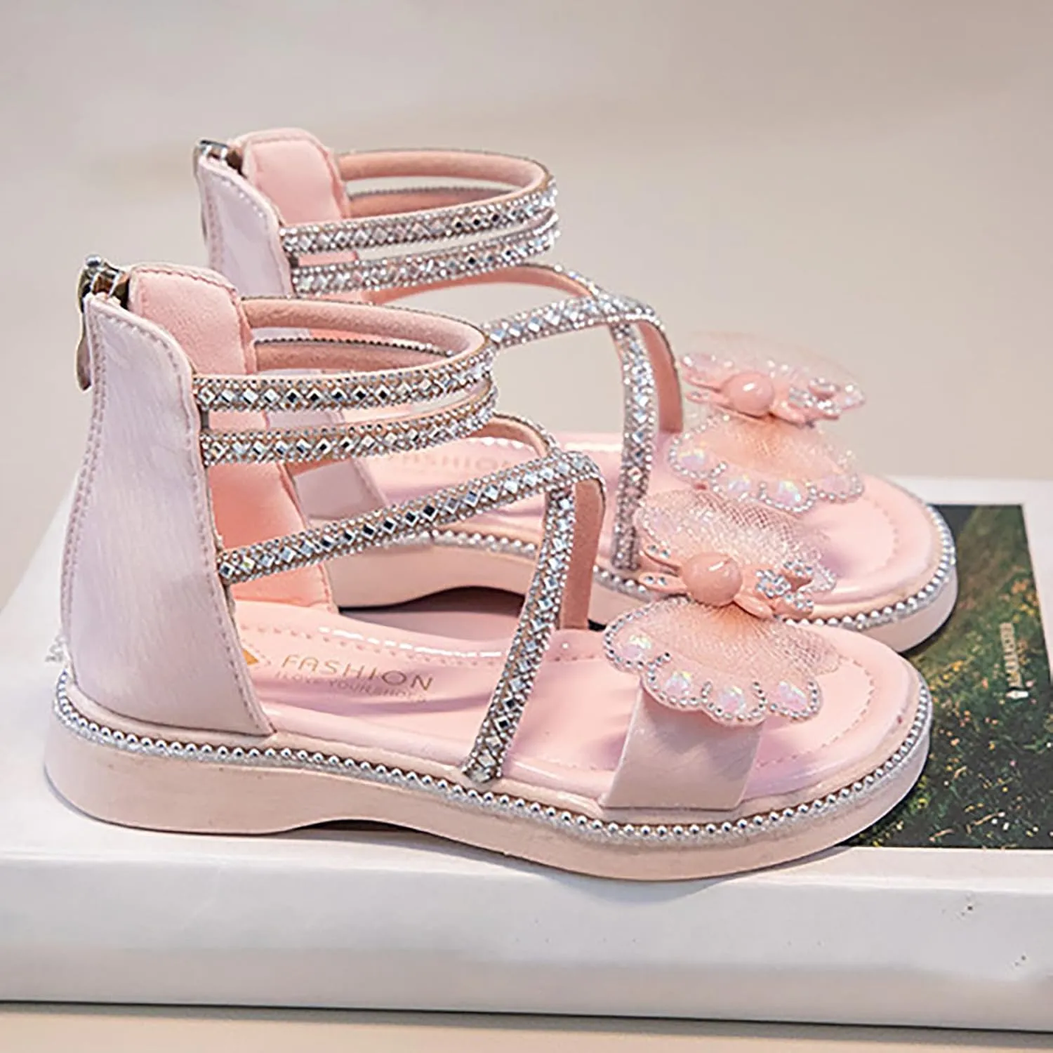 Girls Summer Princess Sandals Open Toe Rhinestone Butterfly Print Foot Back Zipper Off Roman Sandals Daily Casual Outdoor Girls Shoes