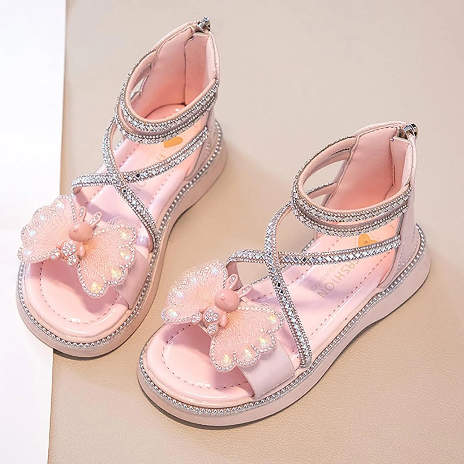 Girls Summer Princess Sandals Open Toe Rhinestone Butterfly Print Foot Back Zipper Off Roman Sandals Daily Casual Outdoor Girls Shoes