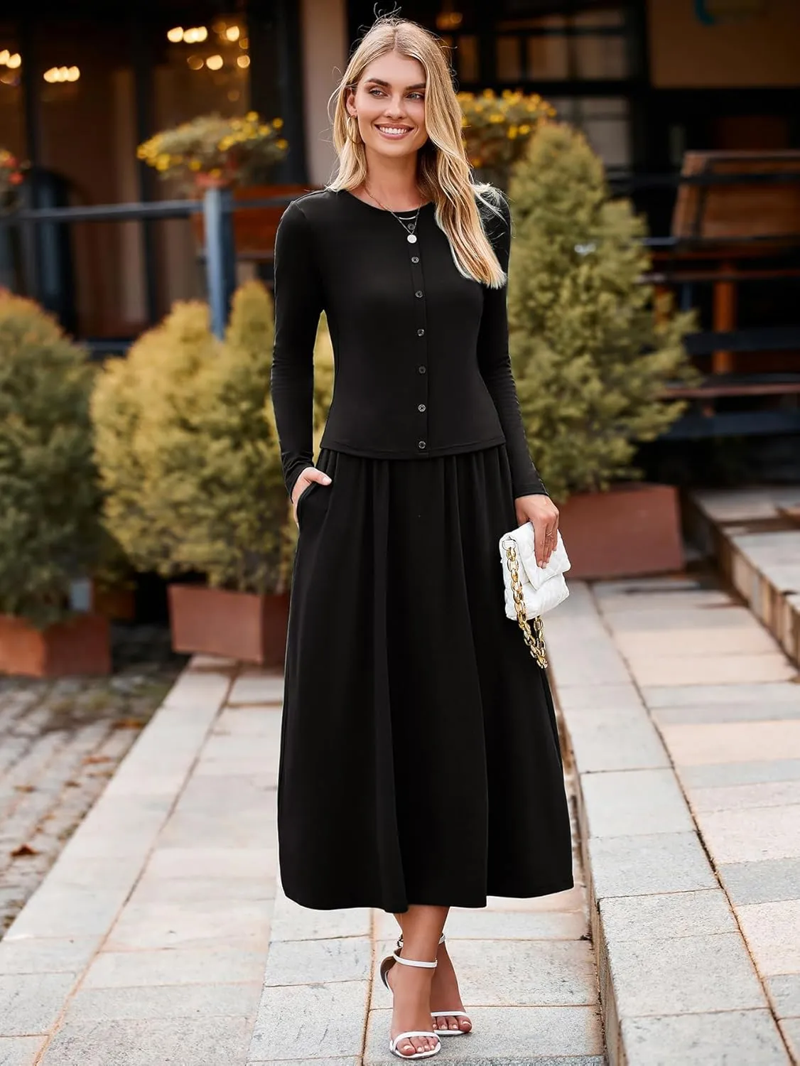 Glamaker Women's 2 Piece Skirt Sets Long Sleeve Casual Outfits Top Maxi Skirt Knit Dresses Matching Sets with Pockets
