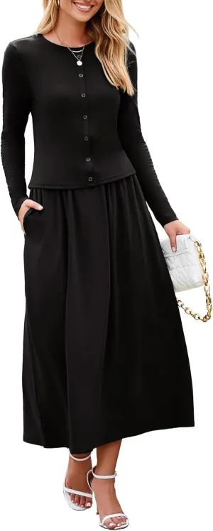 Glamaker Women's 2 Piece Skirt Sets Long Sleeve Casual Outfits Top Maxi Skirt Knit Dresses Matching Sets with Pockets
