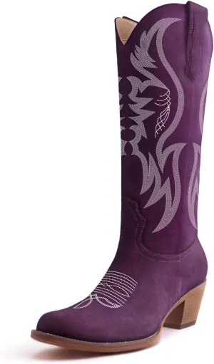 GORBINETI Women Pink Cowboy Boots Mid Calf Cowgirl Boots Sky Blue Western Boots Embroidered Suede Pull On Almond Toe Chunky Heel