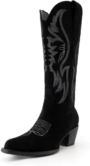 GORBINETI Women Pink Cowboy Boots Mid Calf Cowgirl Boots Sky Blue Western Boots Embroidered Suede Pull On Almond Toe Chunky Heel