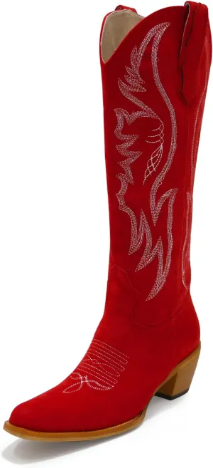 GORBINETI Women Pink Cowboy Boots Mid Calf Cowgirl Boots Sky Blue Western Boots Embroidered Suede Pull On Almond Toe Chunky Heel