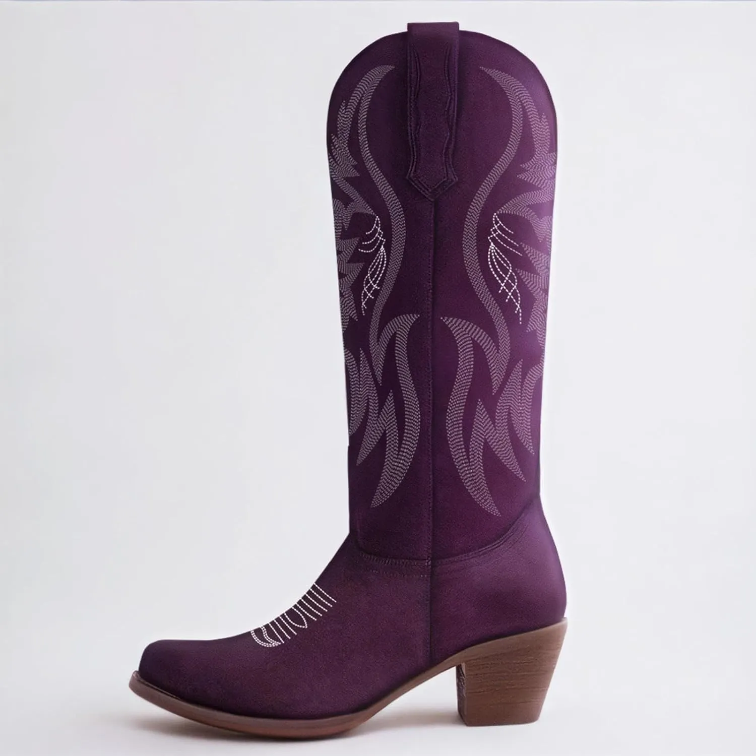 GORBINETI Women Pink Cowboy Boots Mid Calf Cowgirl Boots Sky Blue Western Boots Embroidered Suede Pull On Almond Toe Chunky Heel