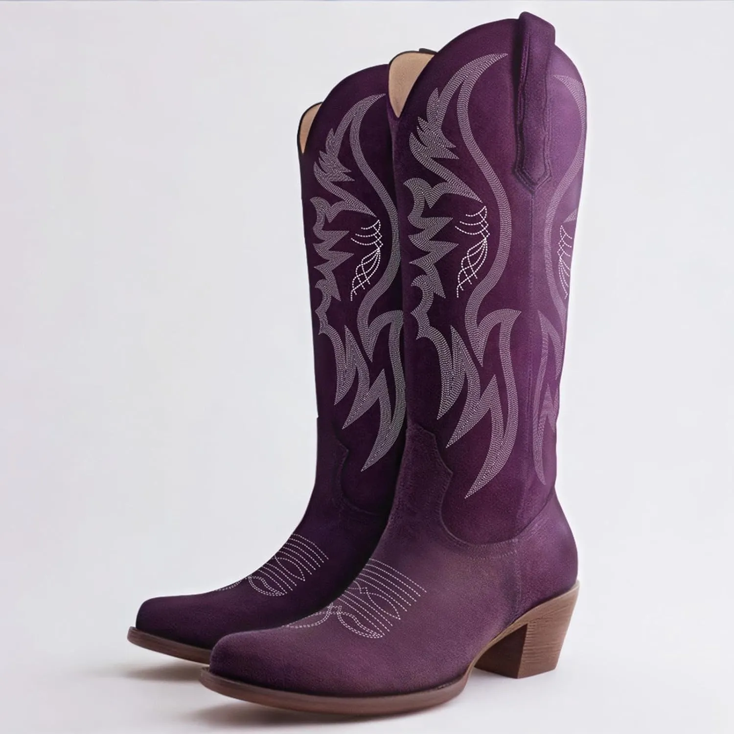 GORBINETI Women Pink Cowboy Boots Mid Calf Cowgirl Boots Sky Blue Western Boots Embroidered Suede Pull On Almond Toe Chunky Heel