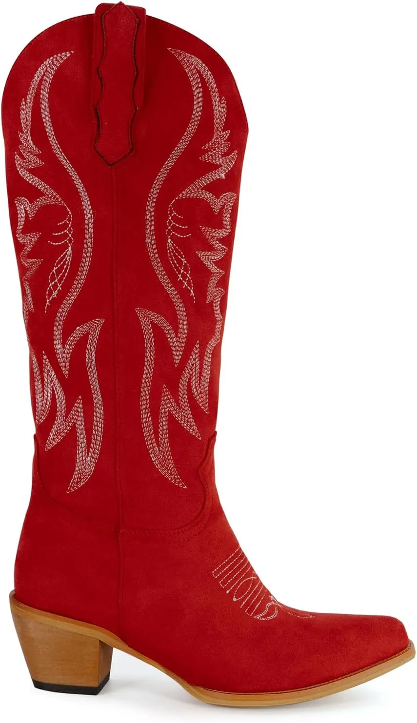 GORBINETI Women Pink Cowboy Boots Mid Calf Cowgirl Boots Sky Blue Western Boots Embroidered Suede Pull On Almond Toe Chunky Heel