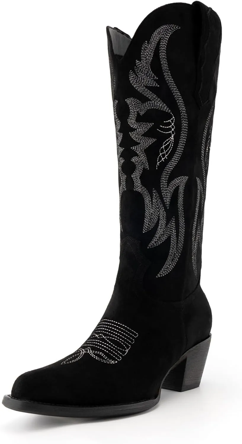 GORBINETI Women Pink Cowboy Boots Mid Calf Cowgirl Boots Sky Blue Western Boots Embroidered Suede Pull On Almond Toe Chunky Heel