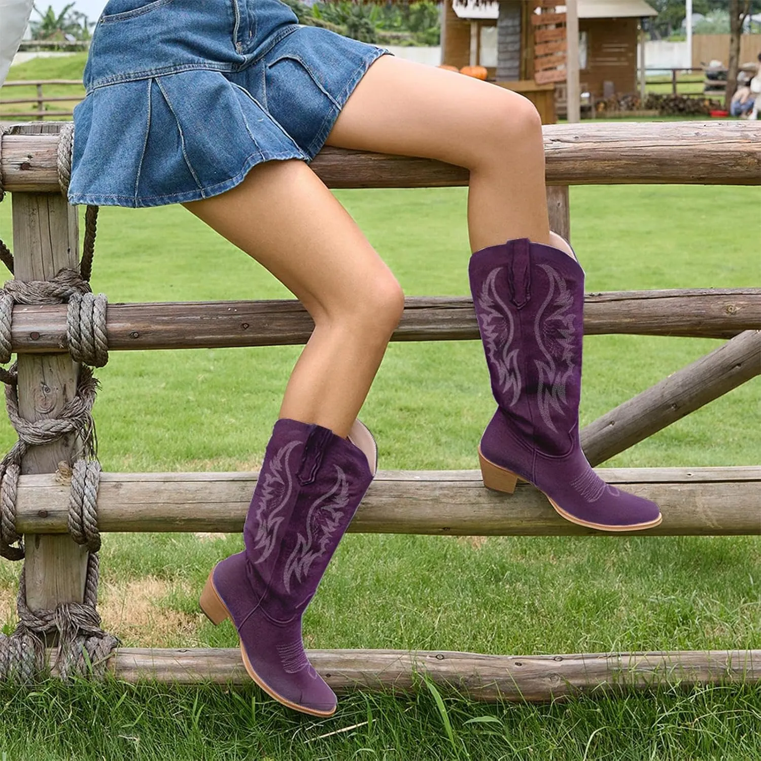 GORBINETI Women Pink Cowboy Boots Mid Calf Cowgirl Boots Sky Blue Western Boots Embroidered Suede Pull On Almond Toe Chunky Heel