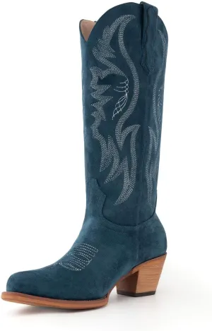GORBINETI Women’s Western Cowboy Boots Embroidered Suede Mid Calf Pointed Toe Cowgirl Knee High Heel Boots Pull On Chunky Black