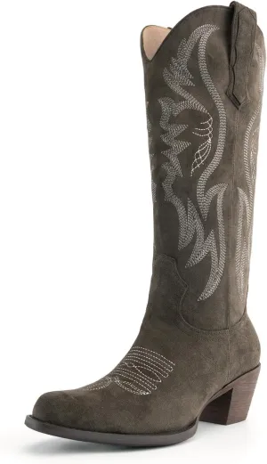 GORBINETI Women’s Western Cowboy Boots Embroidered Suede Mid Calf Pointed Toe Cowgirl Knee High Heel Boots Pull On Chunky Black