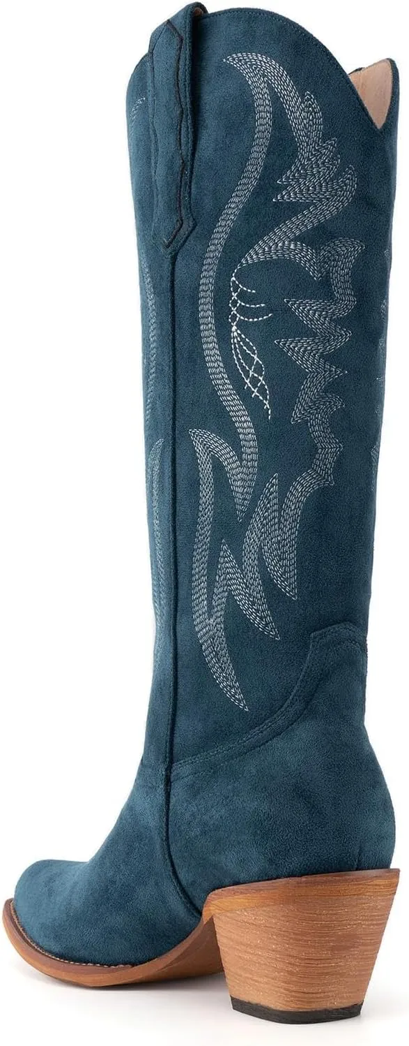 GORBINETI Women’s Western Cowboy Boots Embroidered Suede Mid Calf Pointed Toe Cowgirl Knee High Heel Boots Pull On Chunky Black