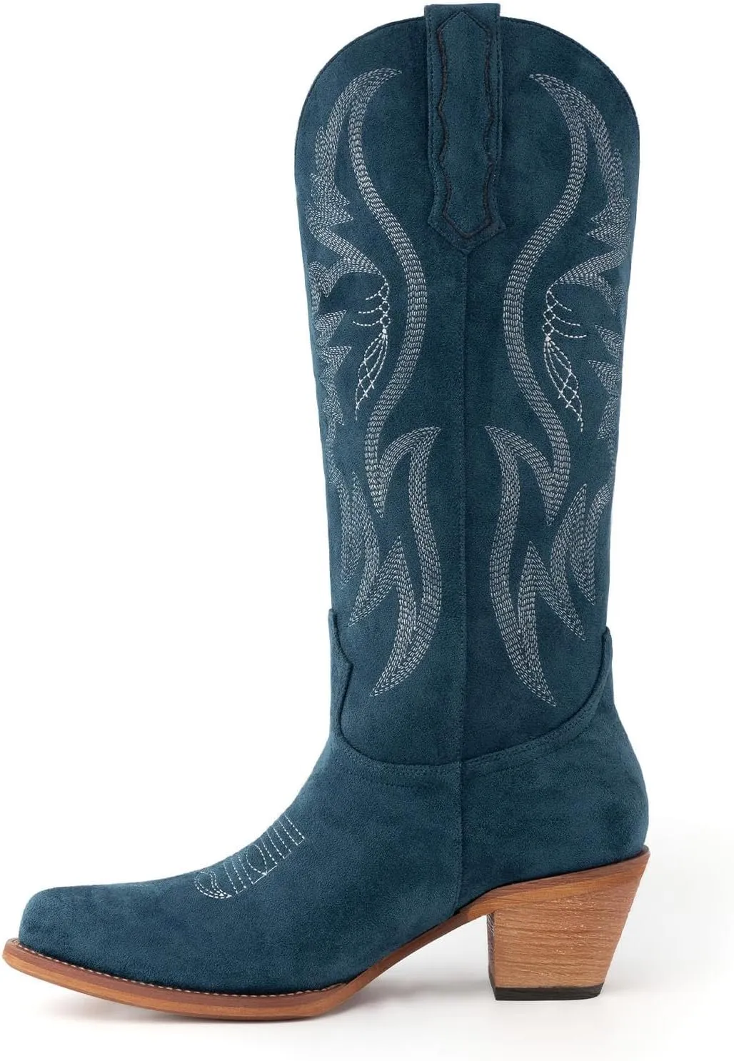 GORBINETI Women’s Western Cowboy Boots Embroidered Suede Mid Calf Pointed Toe Cowgirl Knee High Heel Boots Pull On Chunky Black