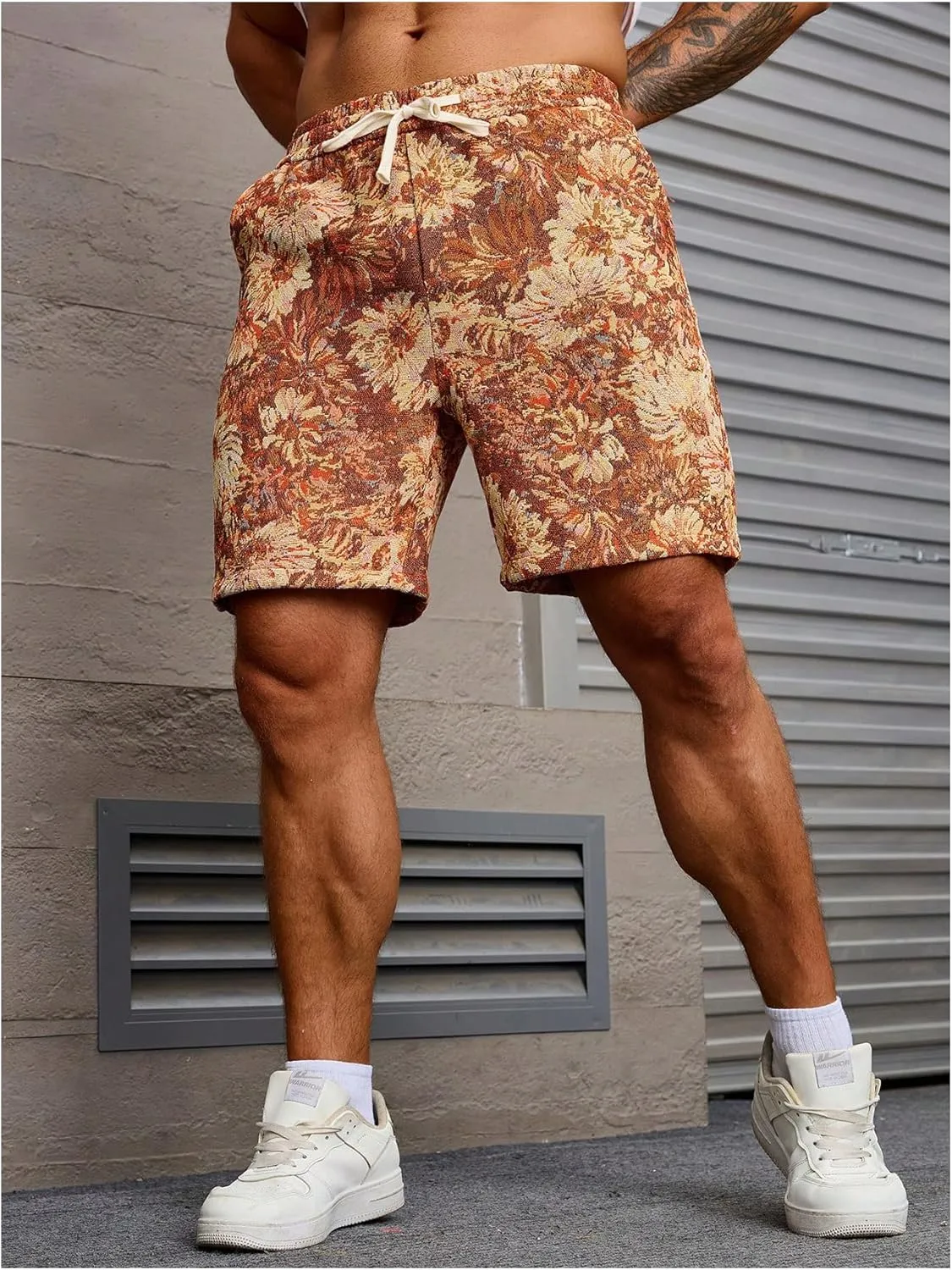 GORGLITTER Men's Floral Embroidery Drawstring Waist Shorts Straight Leg Slant Pocket Shorts